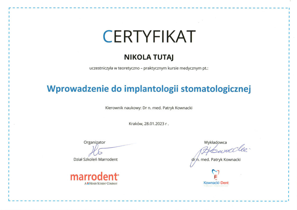 Certyfikat "Wprowadzenie do implantologii stomatologicznej"