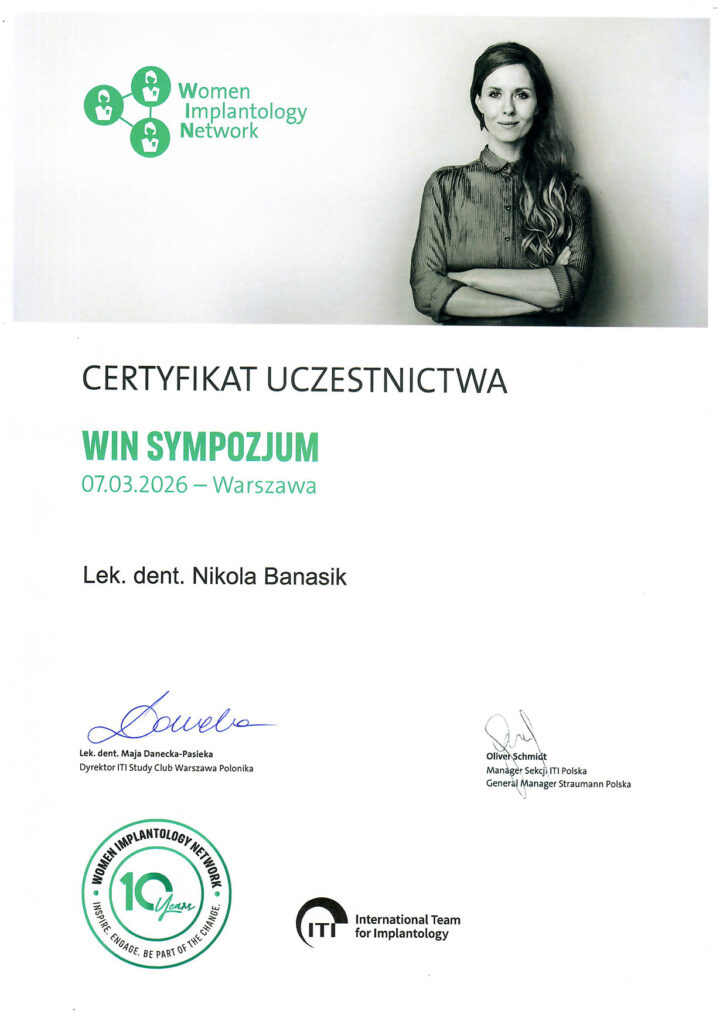Certyfikat uczestnictwa "Women Implantology Network"