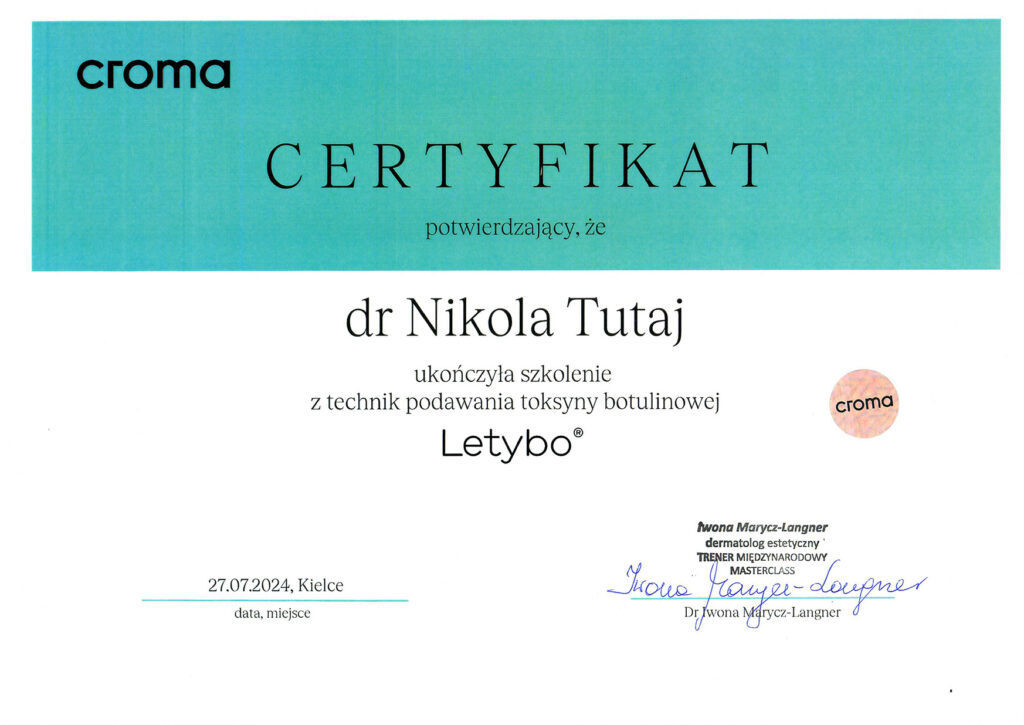 Certyfikat "Techniki podawania toksyny botulinowej Letybo"