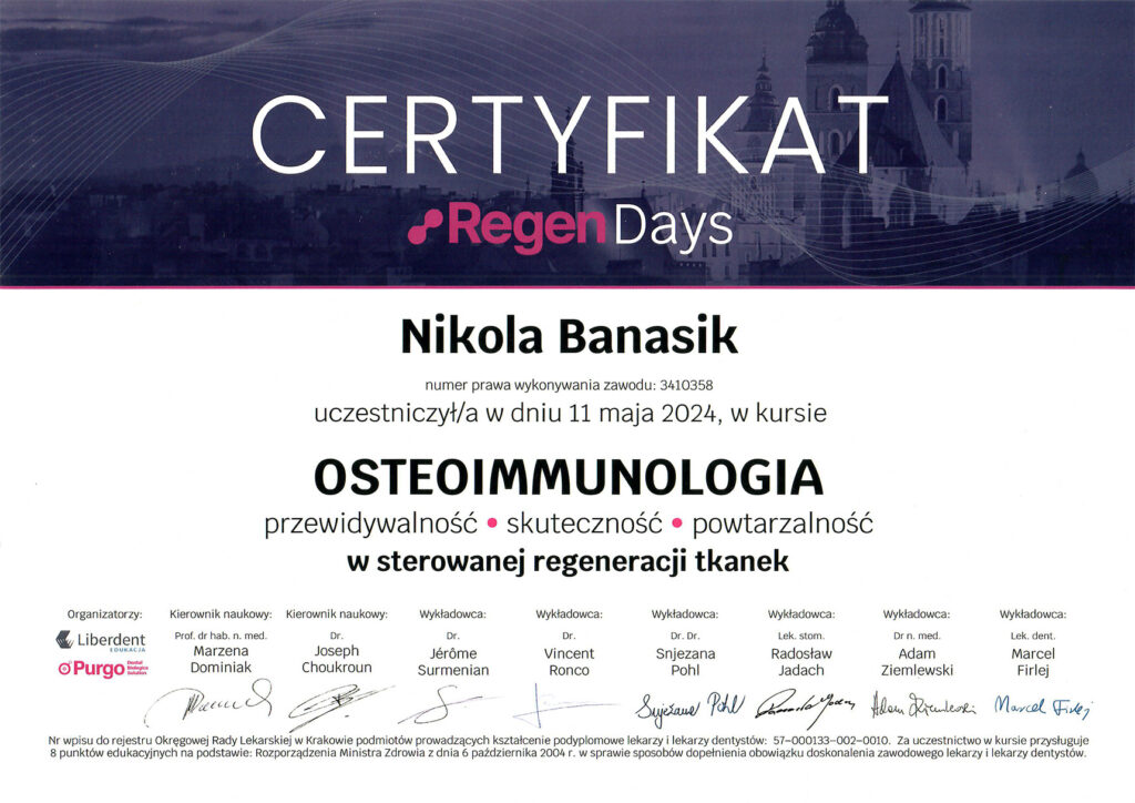 Certyfikat "OSTEOIMMUNOLOGIA"