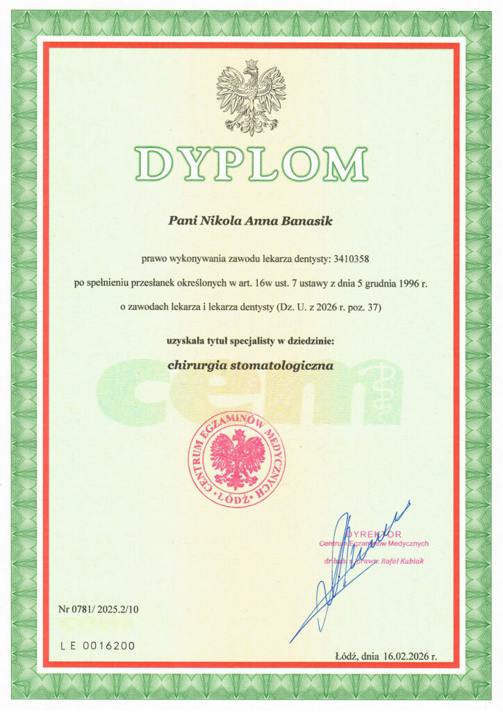 Dyplom specjalisty w dziedzinie chirurgii stomatologicznej.